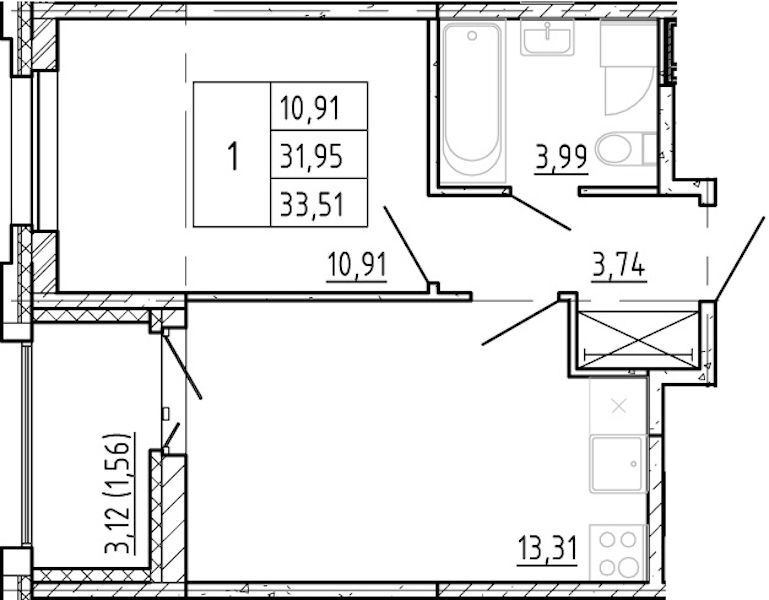 1-комнатная квартира 31.95 м², 5/12 эт., ЖК «Полис Новоселье»